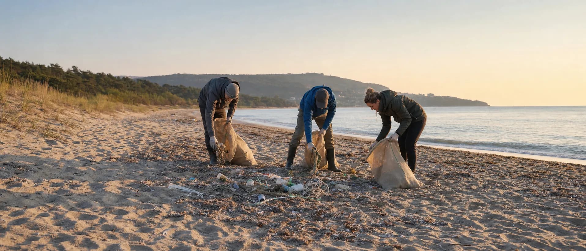 Volunteers sort collected litter on a Bulgarian Black Sea beach at sunrise