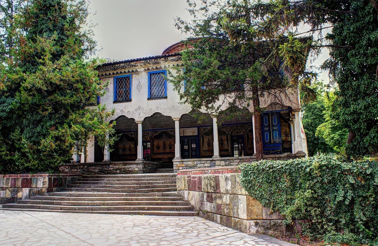 Painted facade and entrance steps of Bayrakli Mosque in Samokov