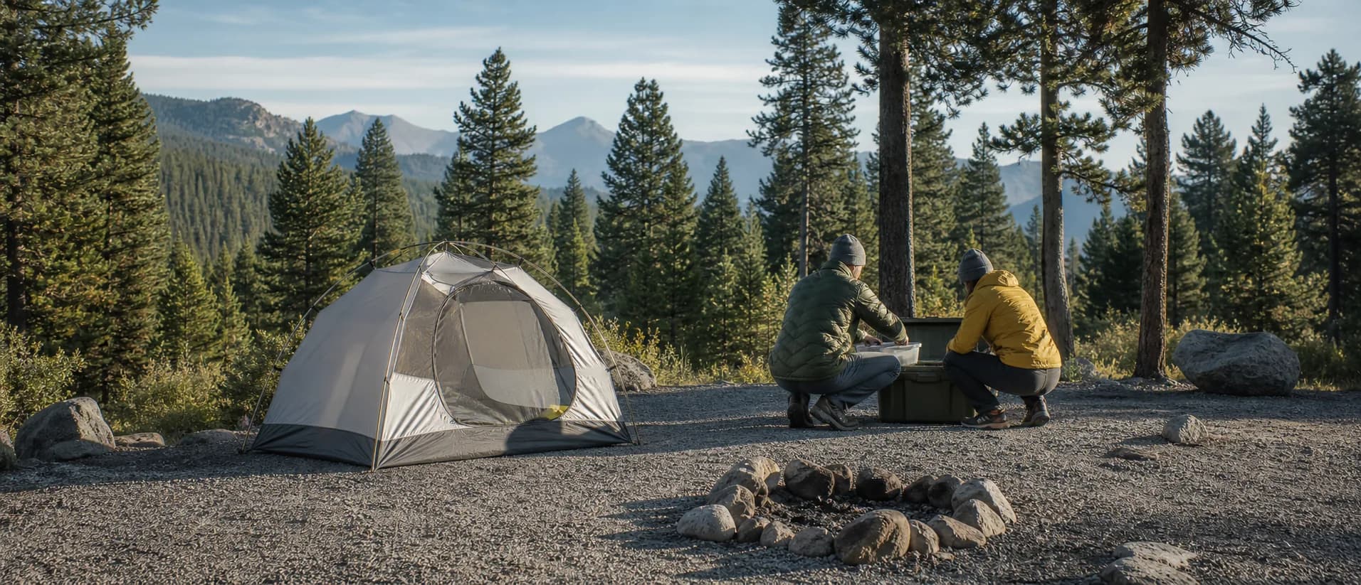 Two campers pack reusable food containers beside a small tent at an established forest campsite.