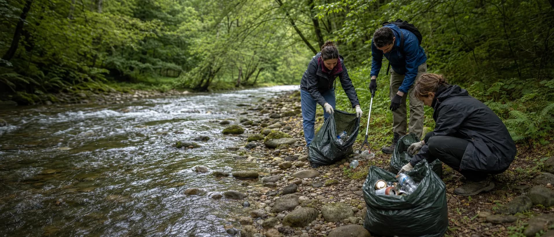Volunteers collect litter from a dry forest riverbank during a planned cleanup.
