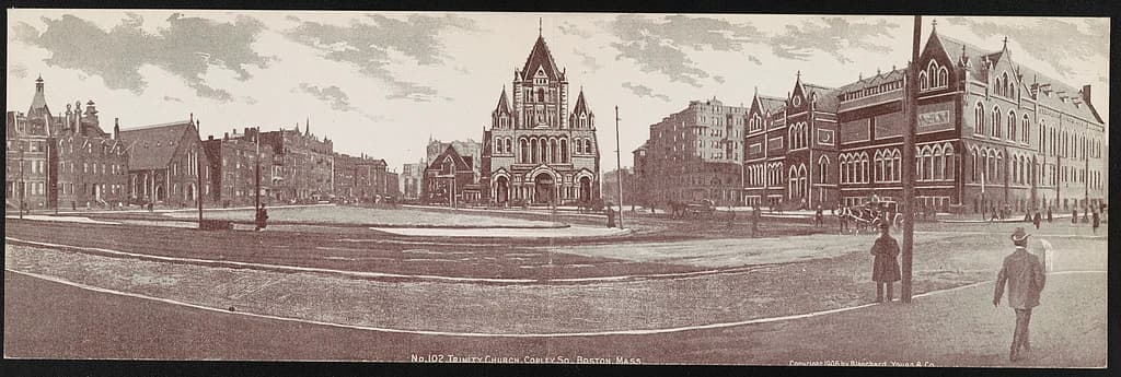 A panoramic postcard shows Trinity Church across Copley Square in Boston, with streets and buildings on both sides.