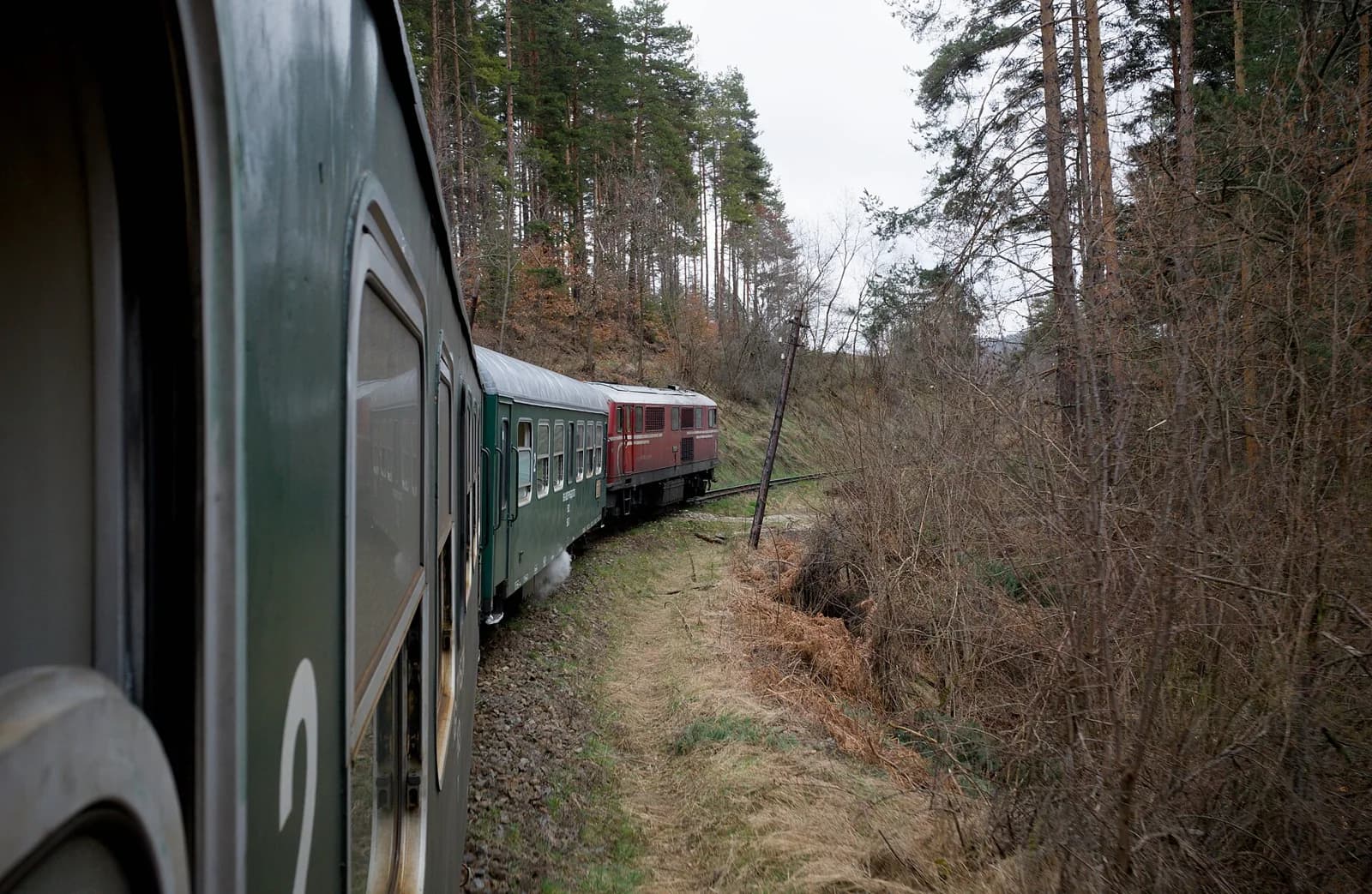 A passenger train rounding a forested curve on the Septemvri–Dobrinishte railway