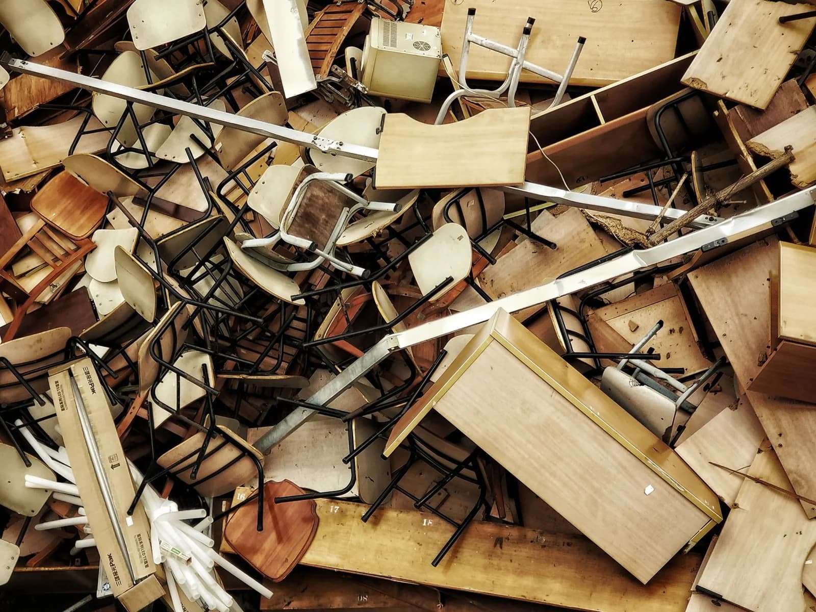 A pile of discarded chairs, desks and wooden furniture