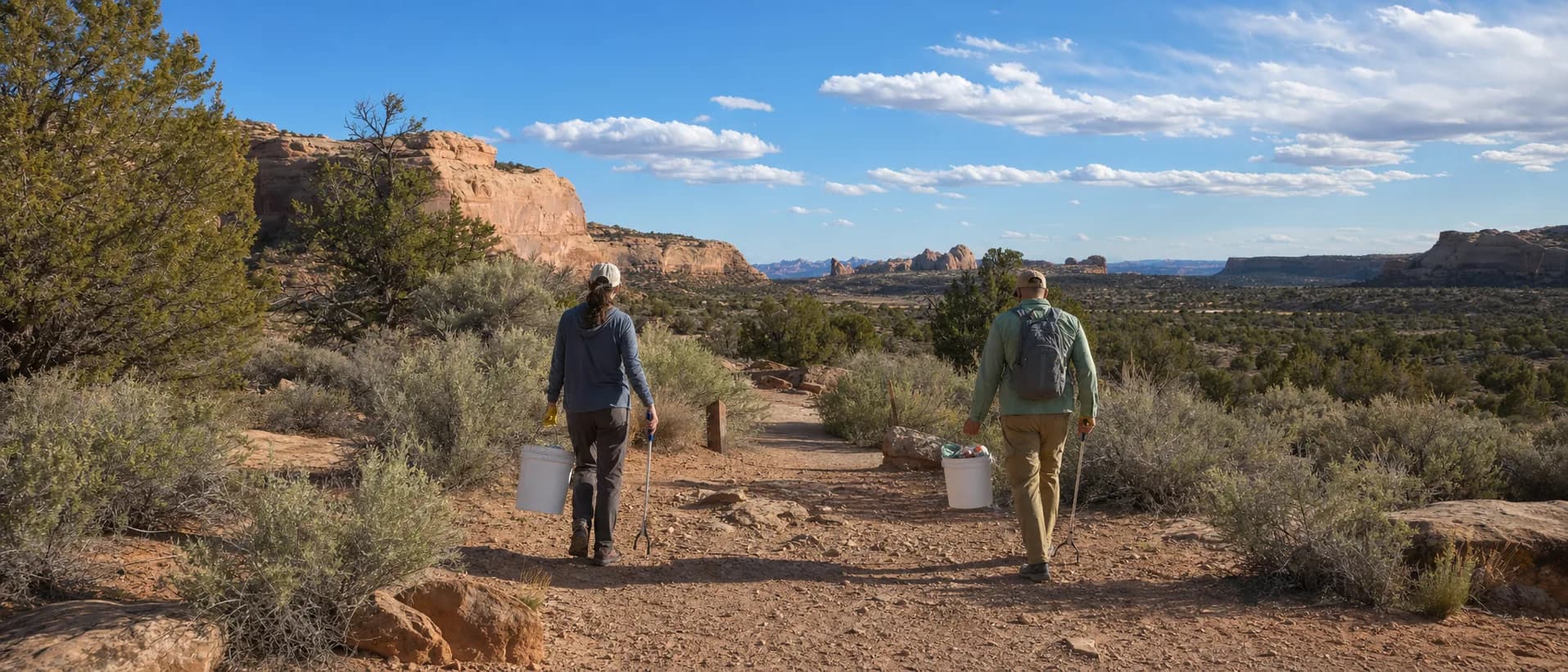 Two volunteers carry reusable cleanup buckets along a high-desert trailhead.